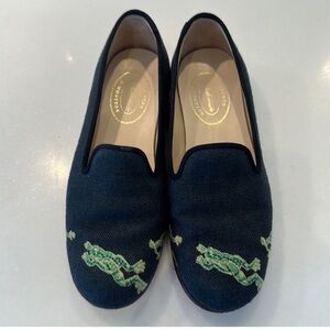 Stubbs & Wootton Women’s Needlepoint Frog Slippers Loafers Blue & Green Size 12